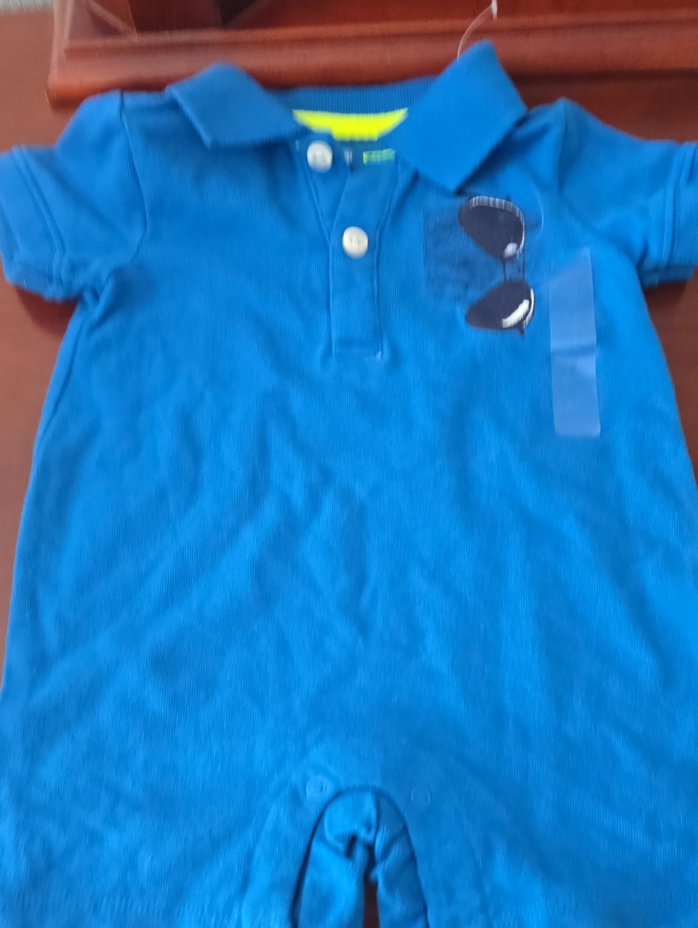 Place Bright Blue Polo-Style Baby One-Piece with Sunglasses Applique
